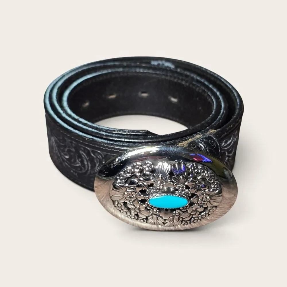 Tony Lama Mens 38 Black Top Grain Leather Floral Belt Silver Turquoise Buckle